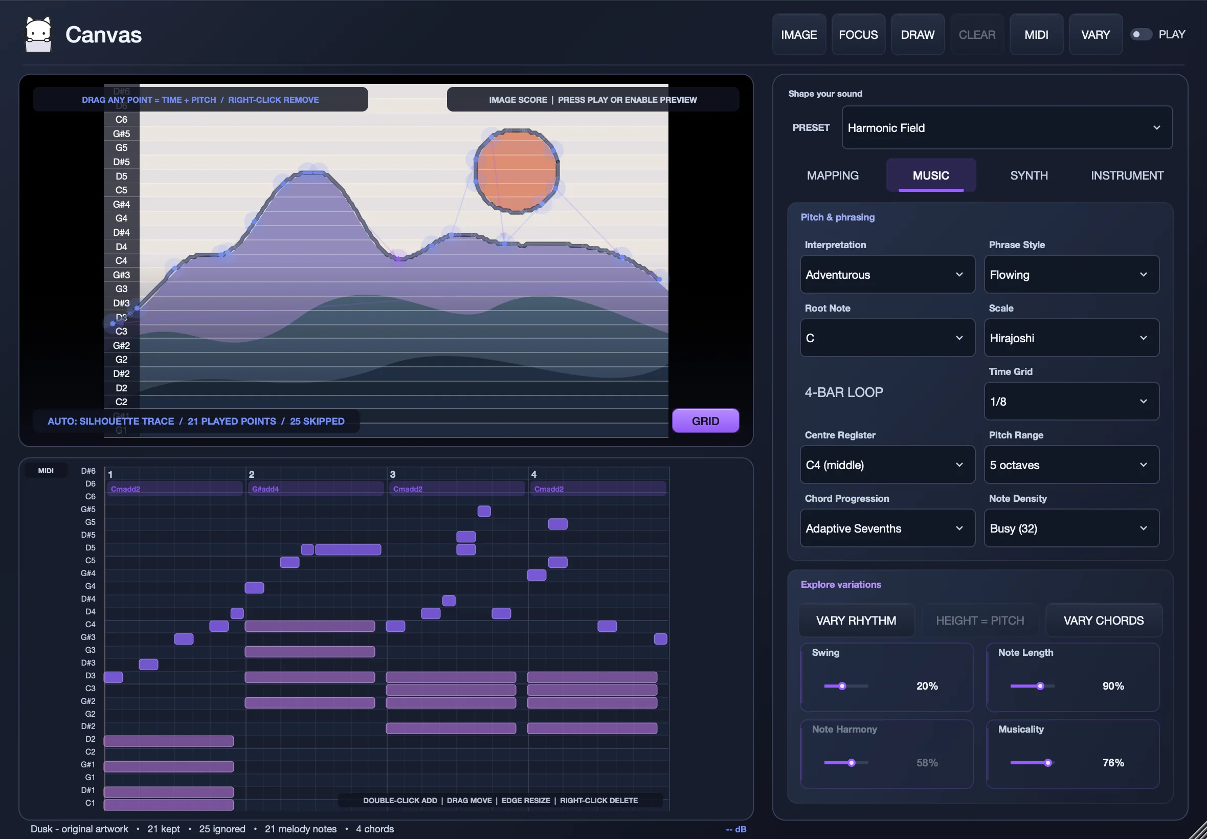 Canvas on the Music tab with Adaptive Sevenths chords labelled in the piano roll