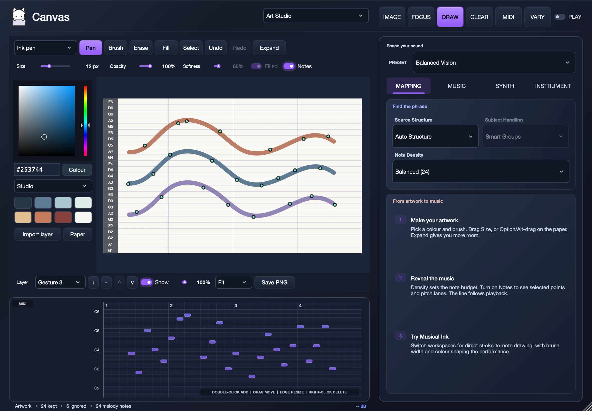 Canvas Art Studio showing an original colored drawing, selected points on the artwork, and its resulting MIDI phrase.