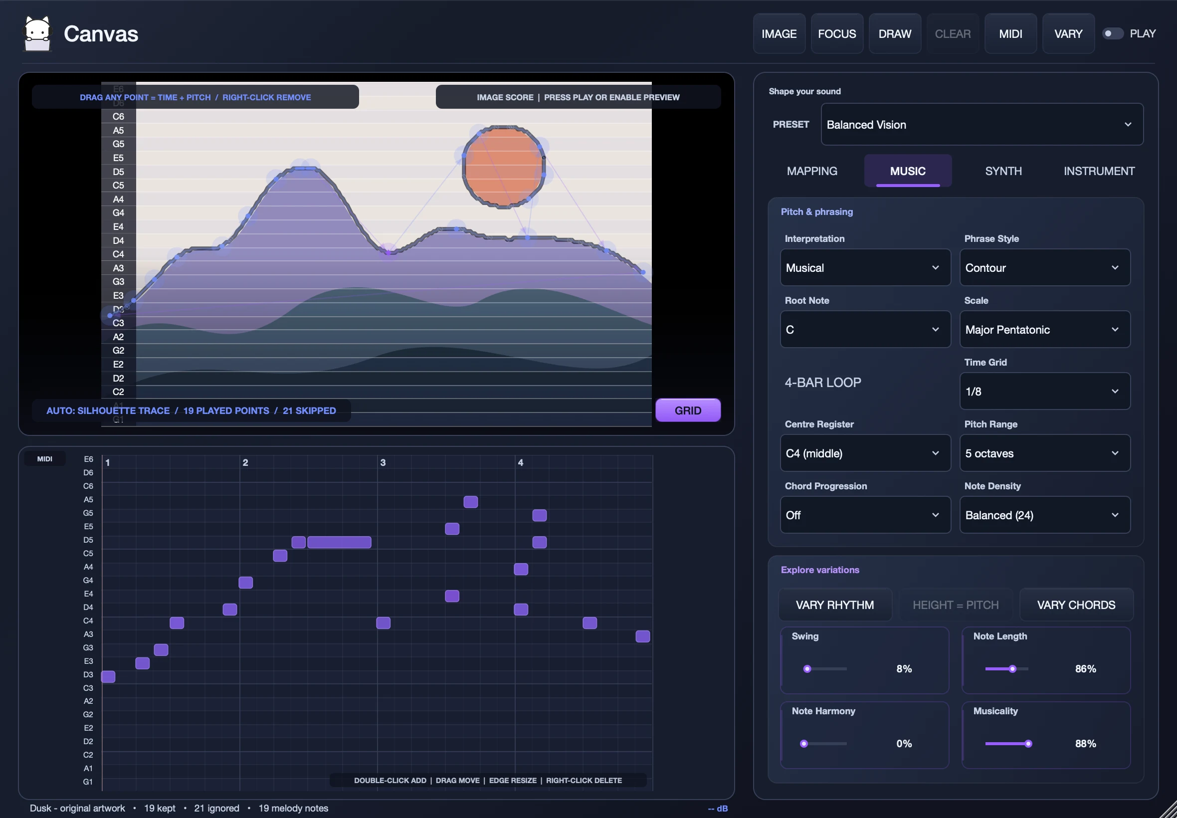 Canvas interpreting the outline of an original mountain illustration as MIDI