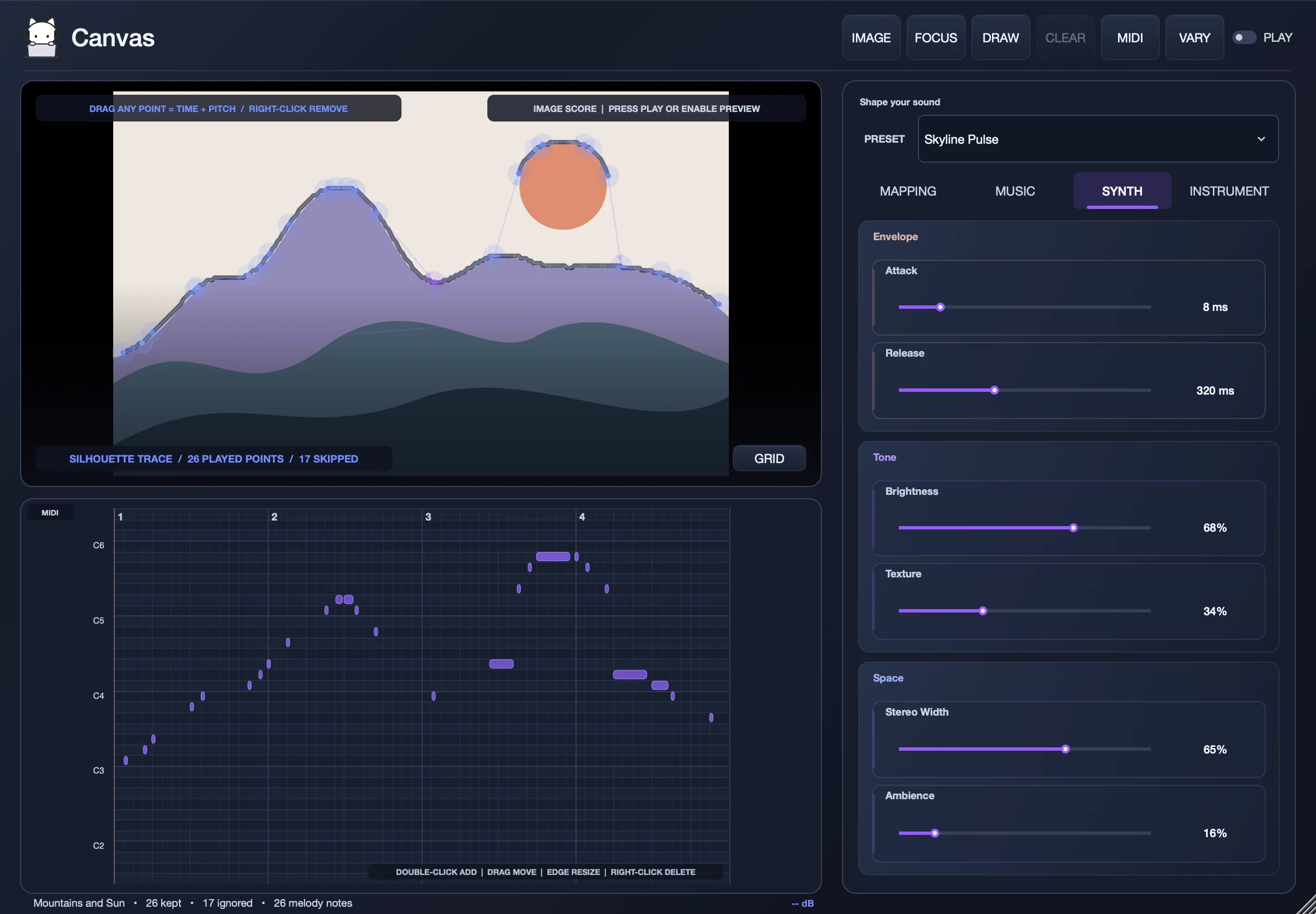 Canvas on the Synth tab with envelope, tone and space controls