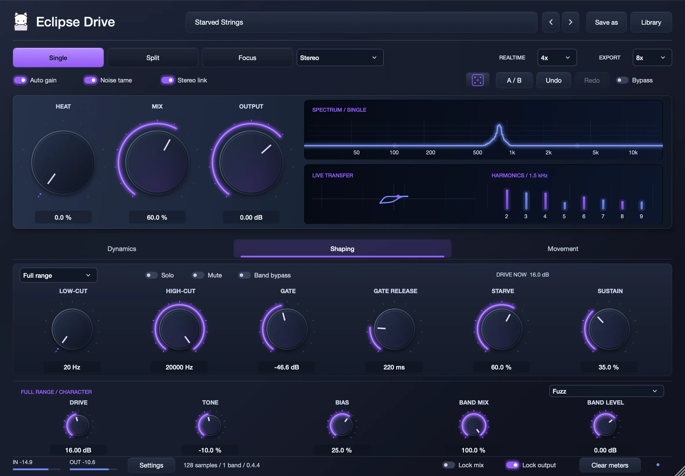 Eclipse Drive’s Shaping page on Fuzz with Starve, Sustain and the gate in use