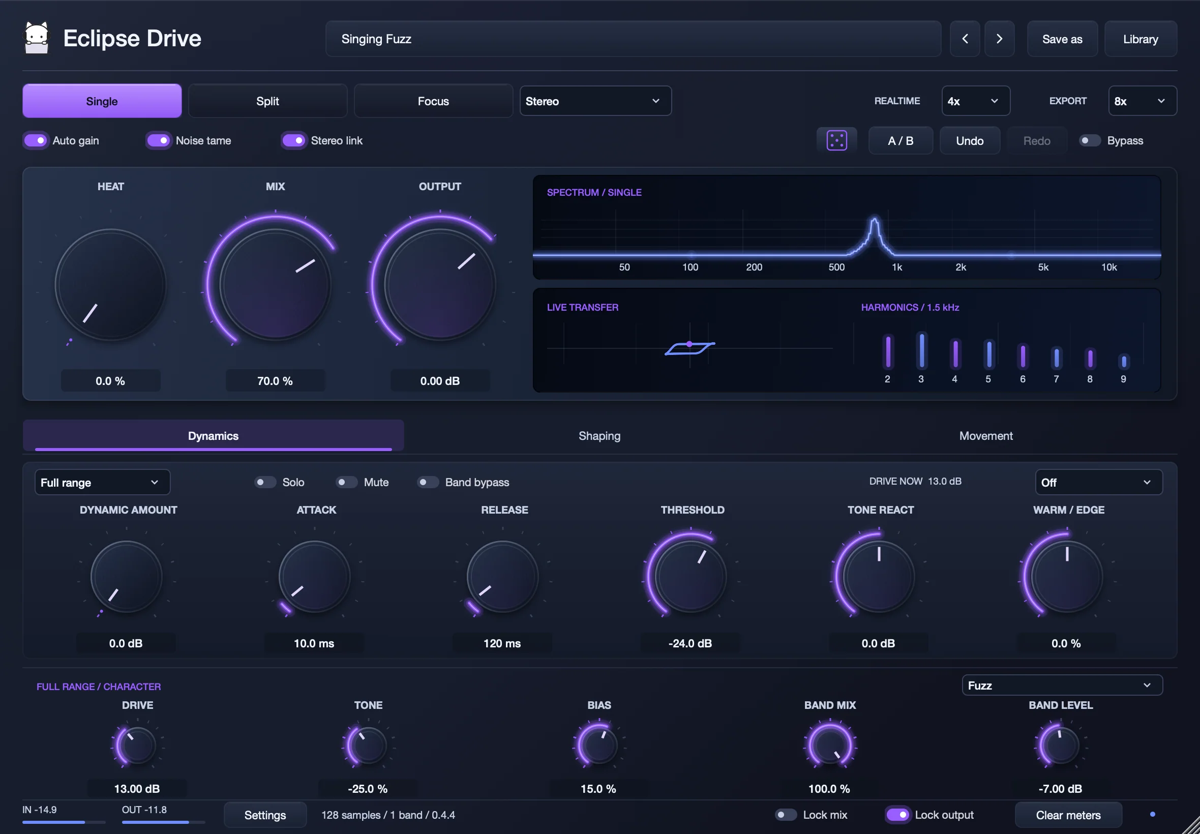 Eclipse Drive in Single mode on Fuzz, with the live transfer curve and harmonics