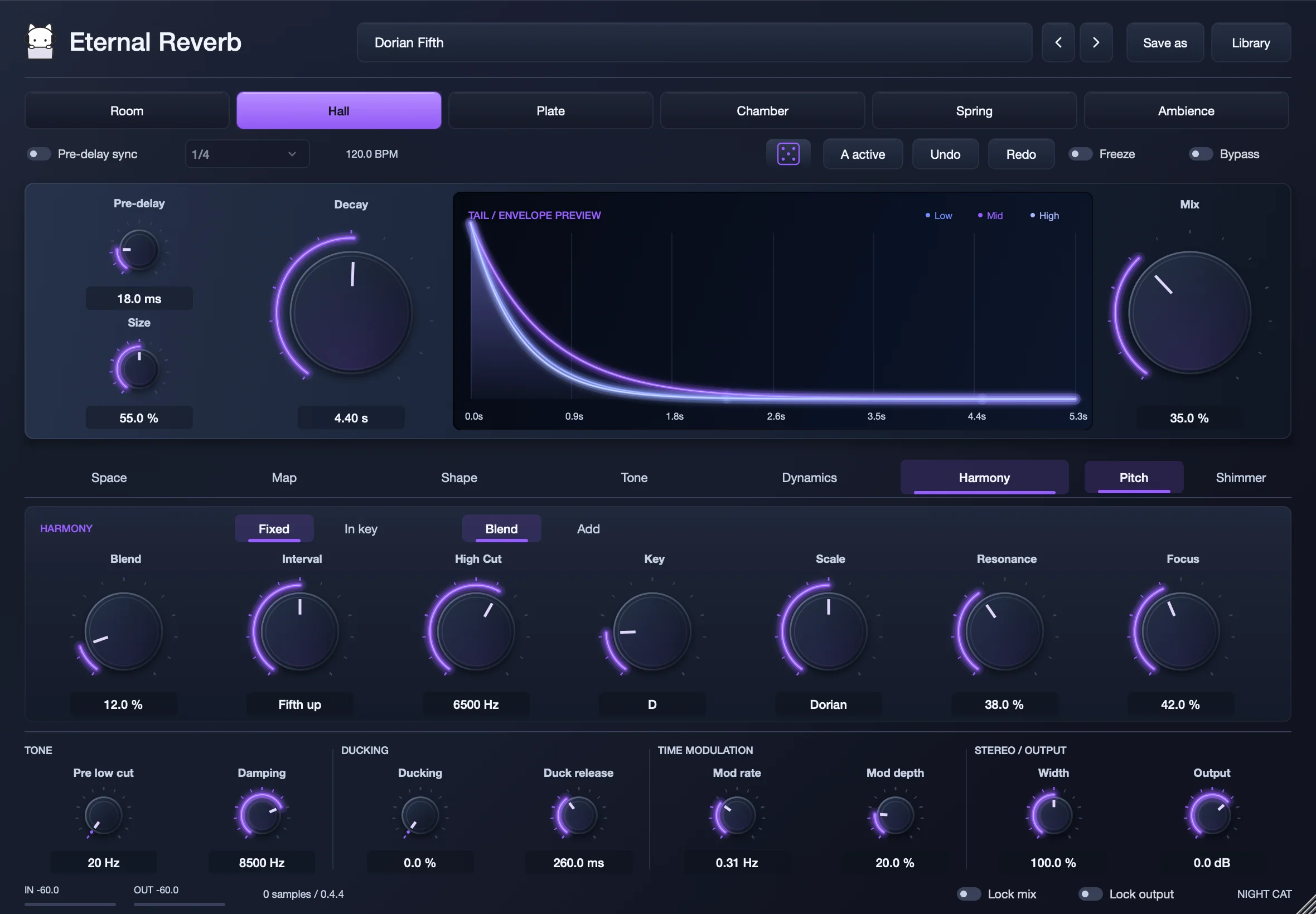Eternal Reverb’s Harmony page tuned to D Dorian with a fifth up