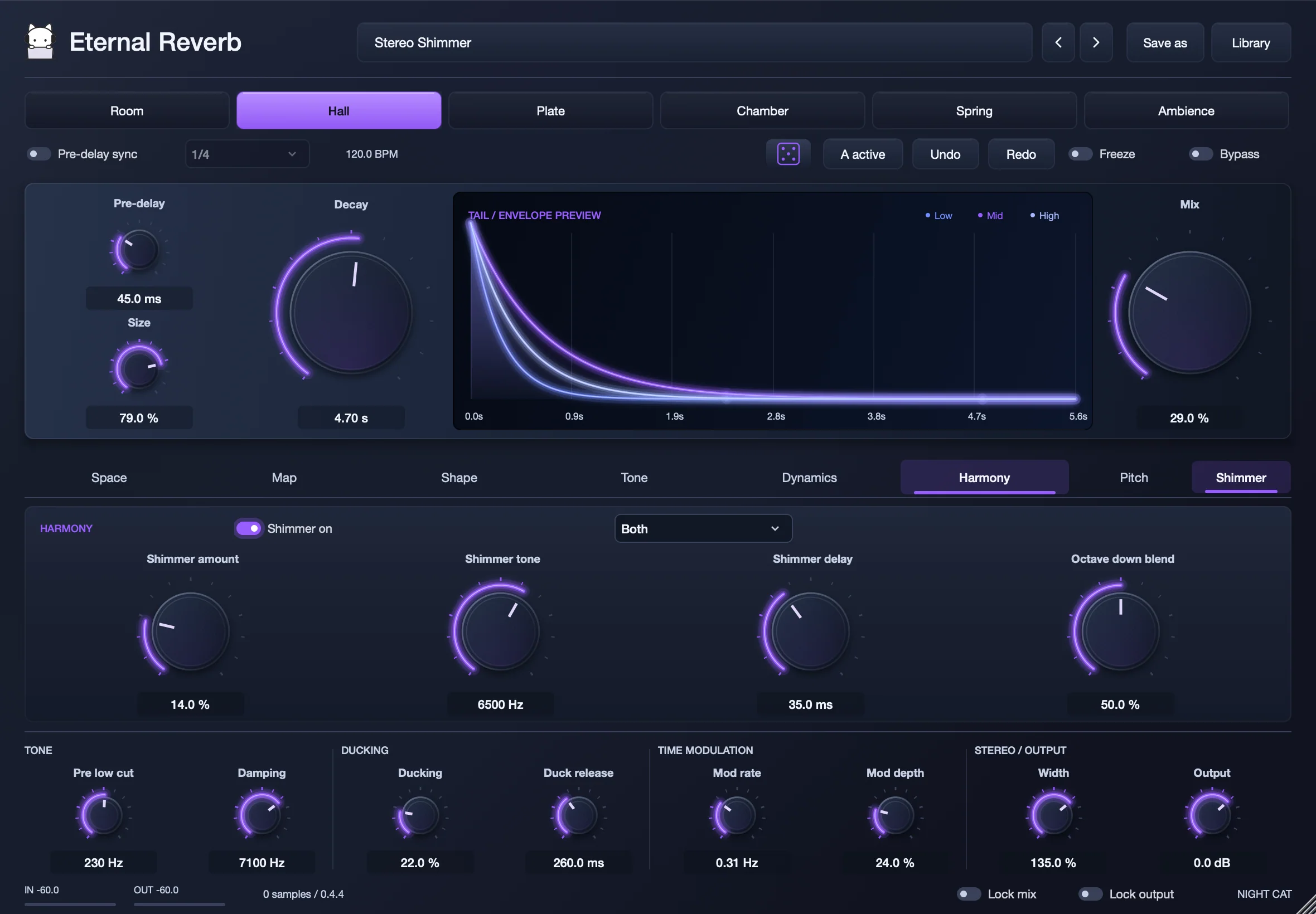 Eternal Reverb’s Shimmer view with octave up and down