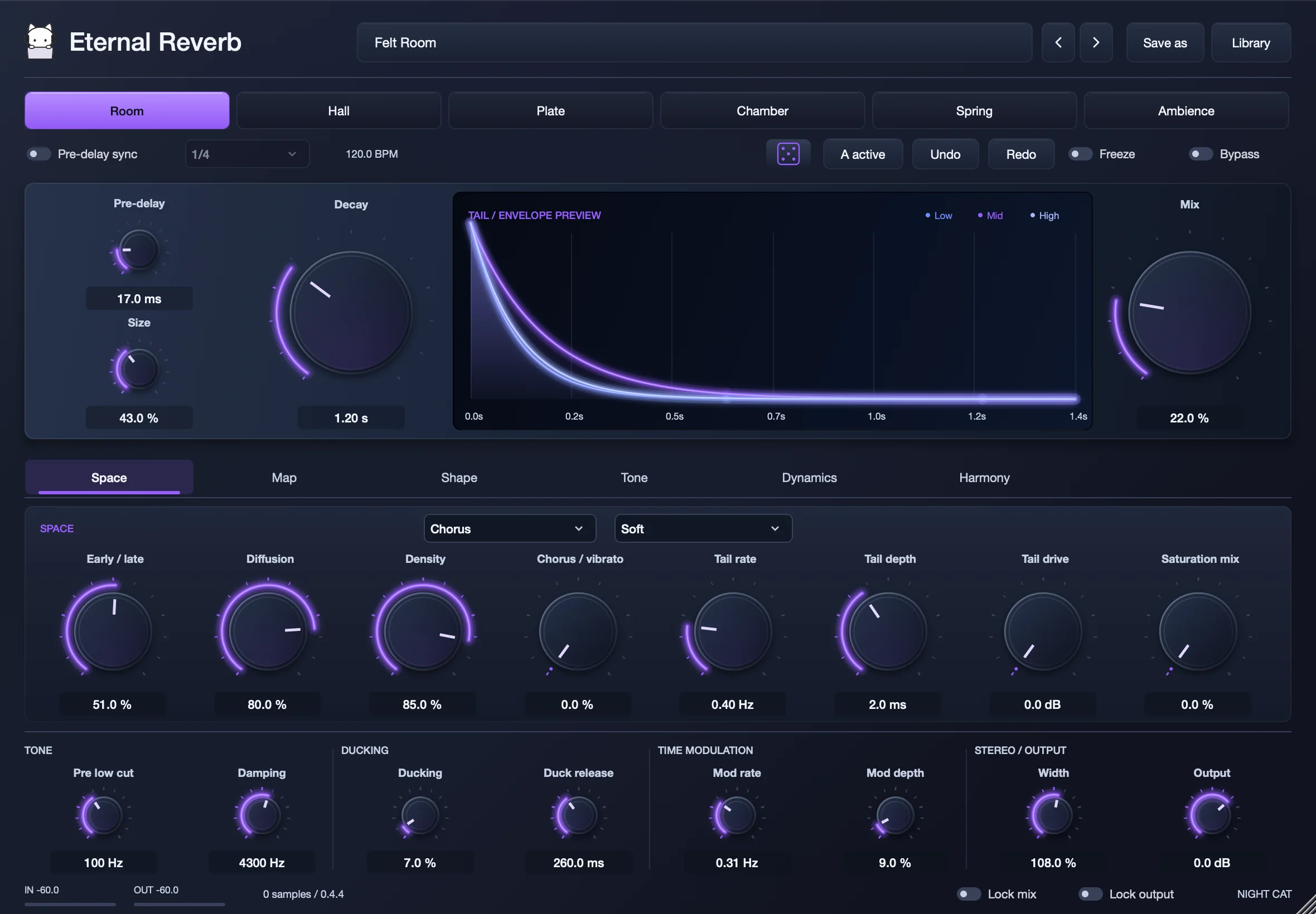 Eternal Reverb on its Space page, with the tail envelope preview and room controls