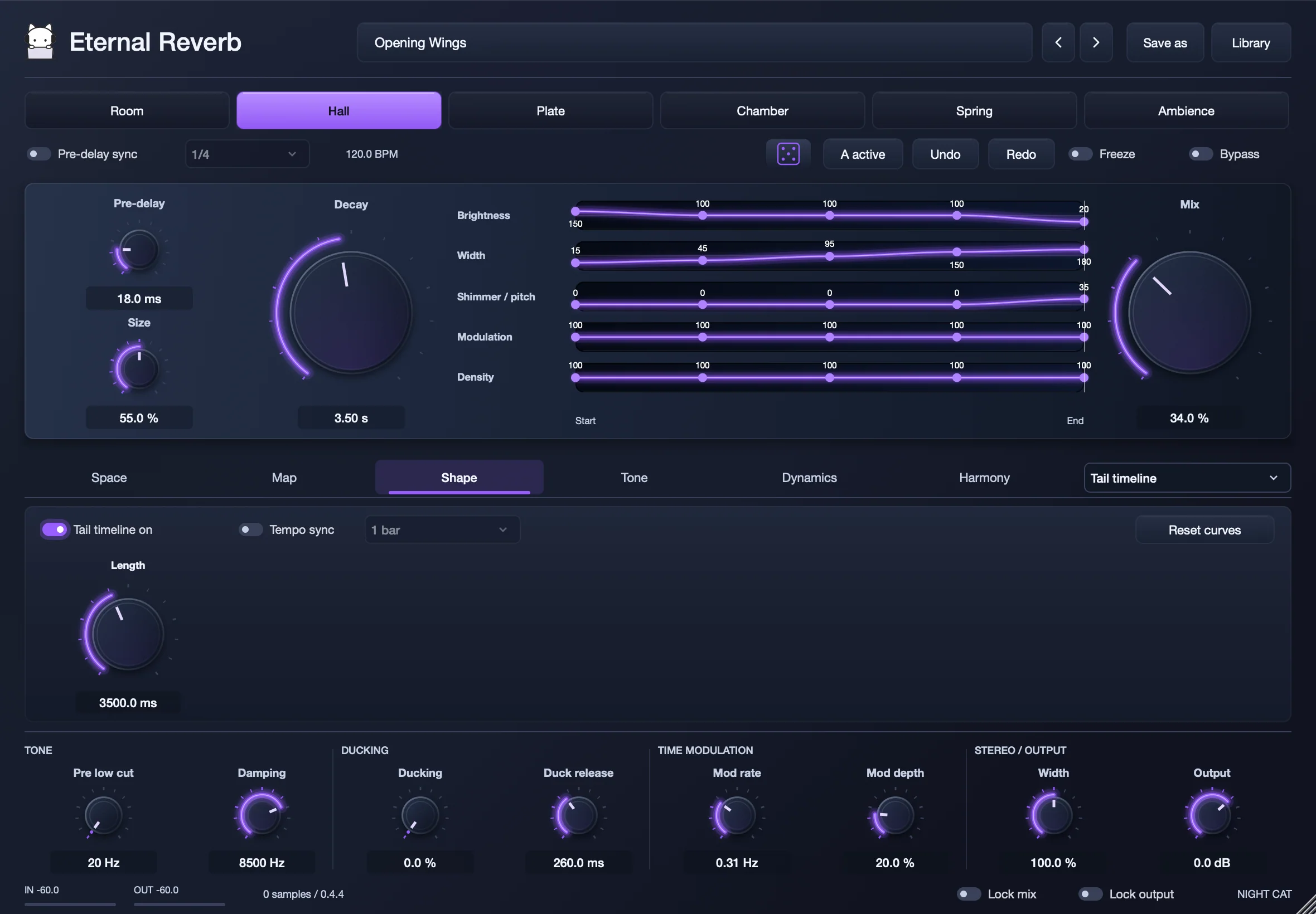 Eternal Reverb’s tail timeline with drawn curves for brightness, width, shimmer, modulation and density