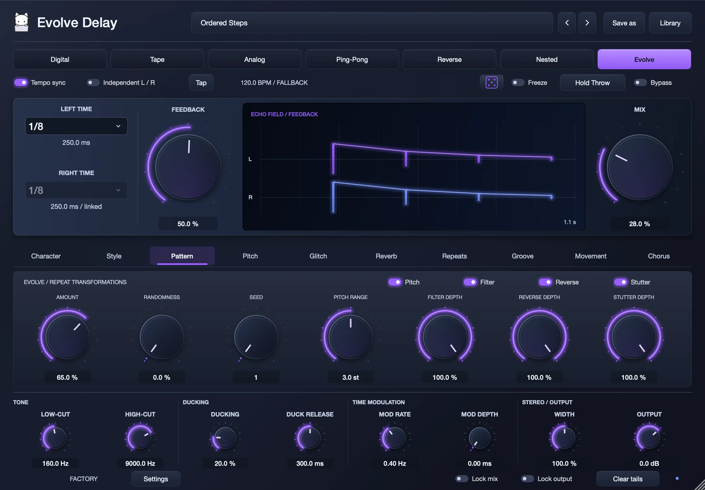 Evolve Delay in Evolve mode, with the echo field and repeat transformation controls