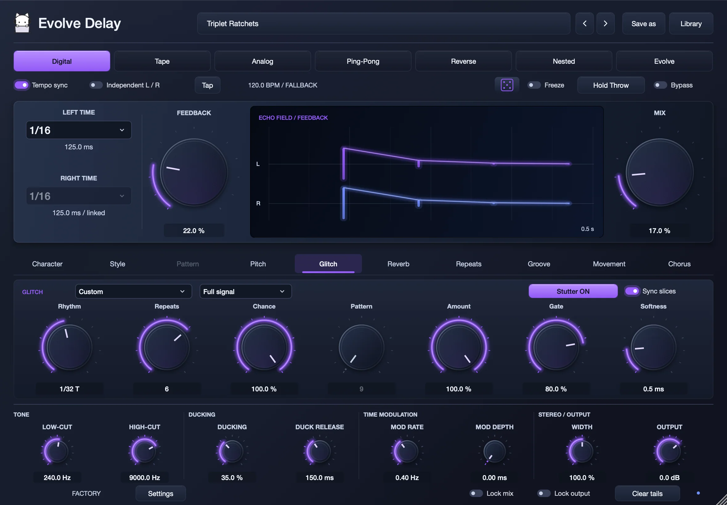 Evolve Delay’s Glitch page with stutter on the full signal and synced slices