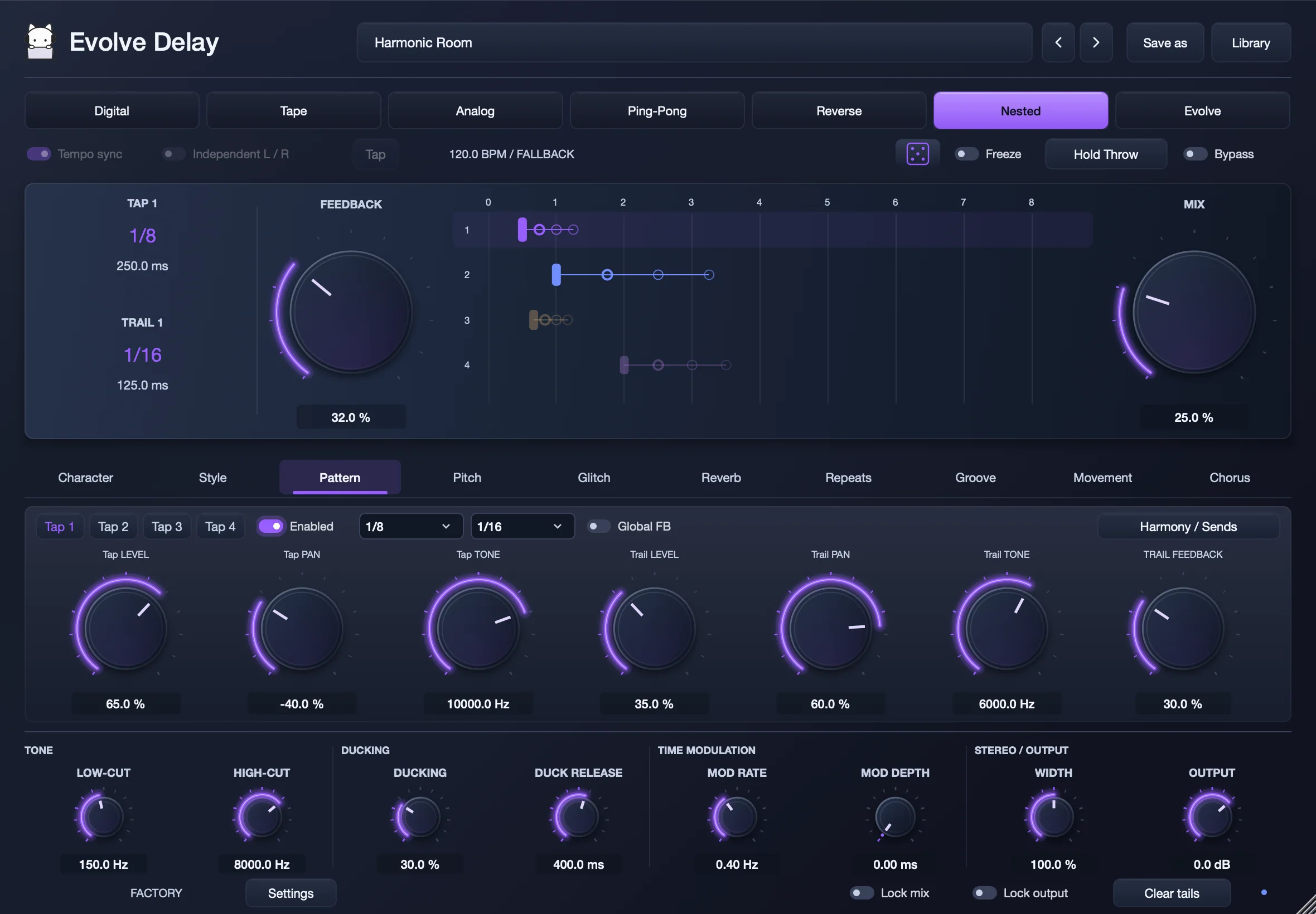 Evolve Delay in Nested mode with the Harmonic Room preset, showing the taps and their trails on the timeline