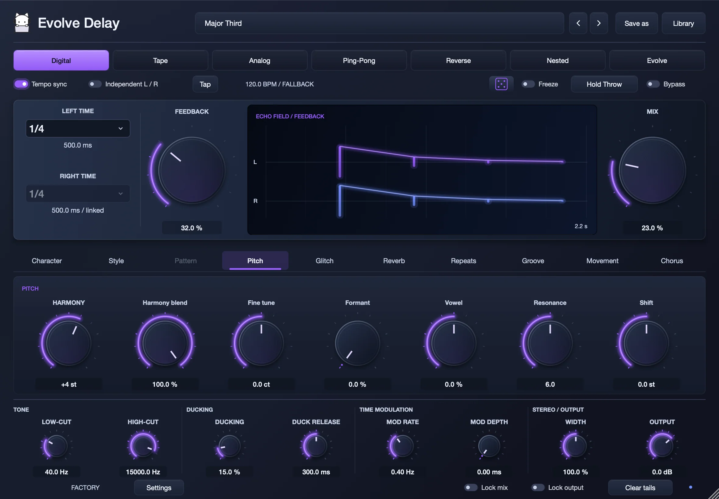 Evolve Delay’s Pitch page with a major third harmony and formant controls