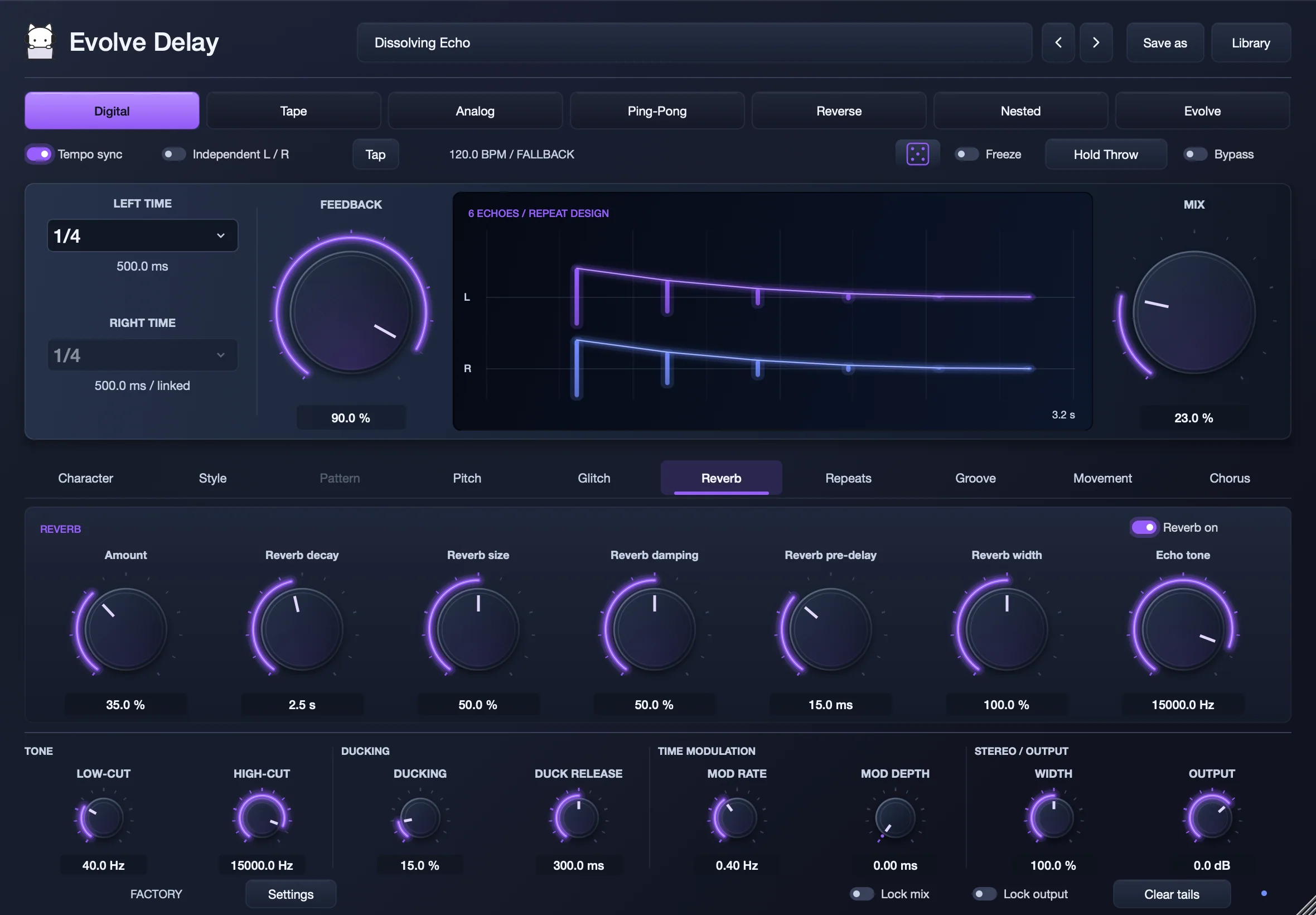 Evolve Delay’s Reverb page with reverb on