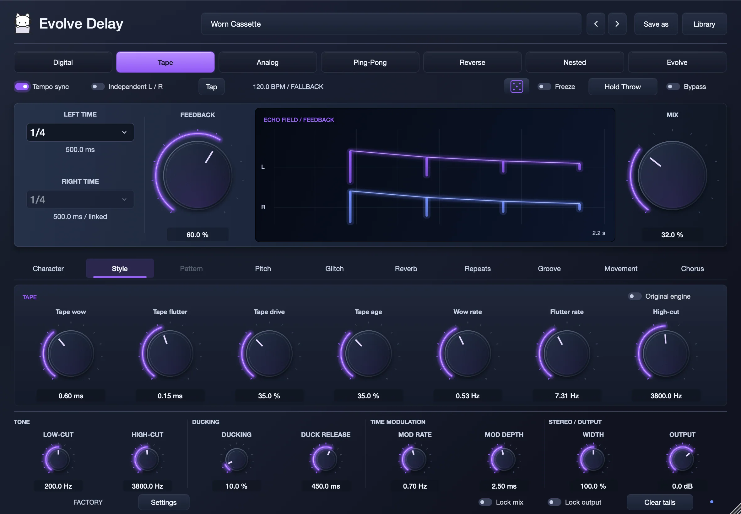Evolve Delay in Tape mode with the Worn Cassette preset, showing wow, flutter, drive and age